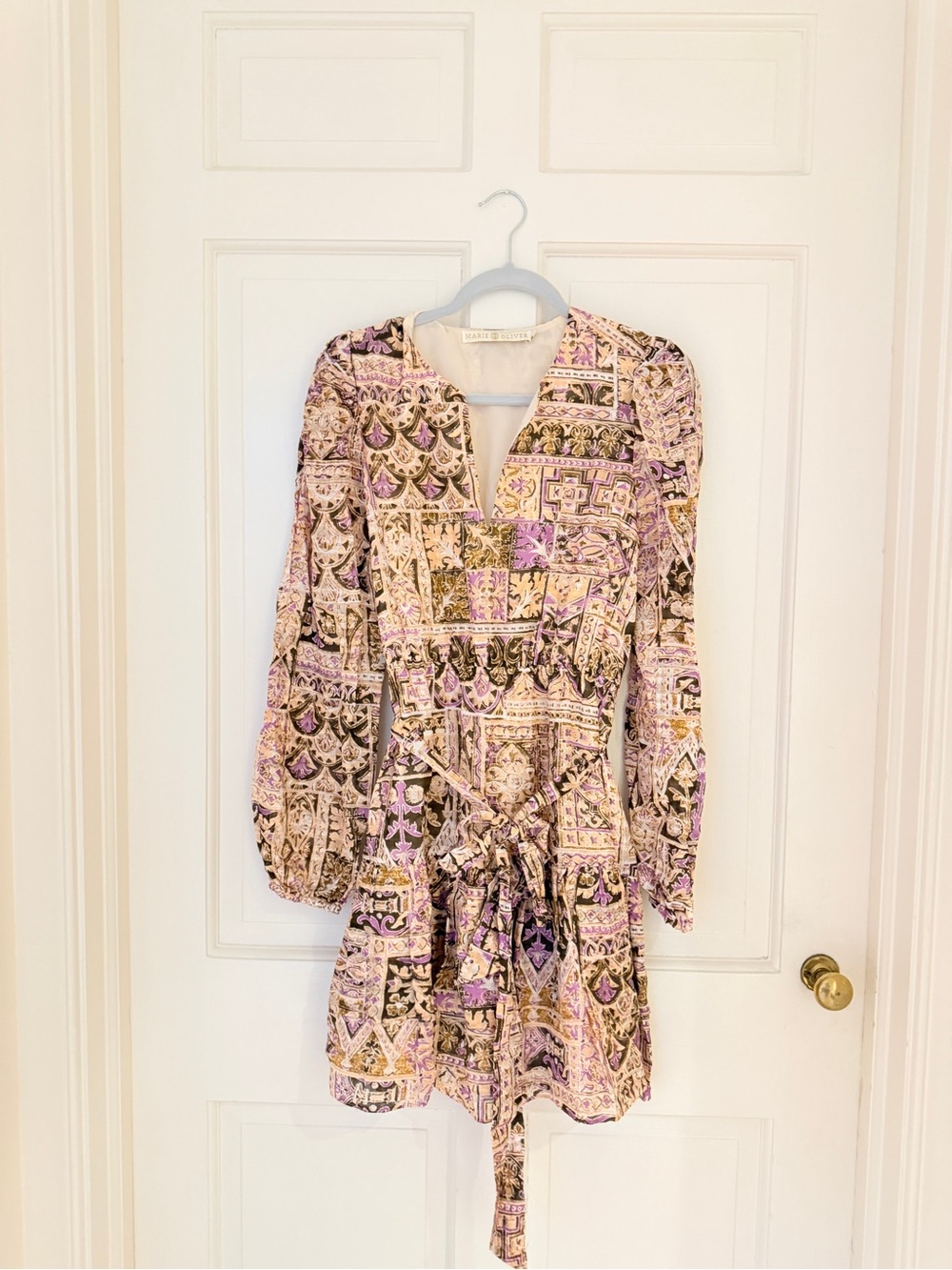 Marie Oliver Printed Long-Sleeve Tie-Waist Mini Dress in Pink and Beige